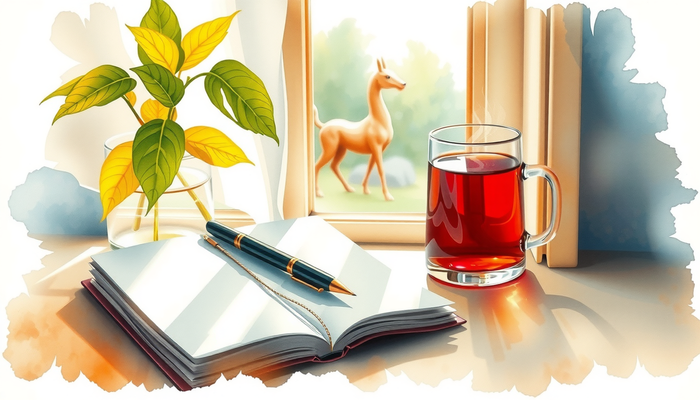 Open journal with pen and tea in soft morning light.