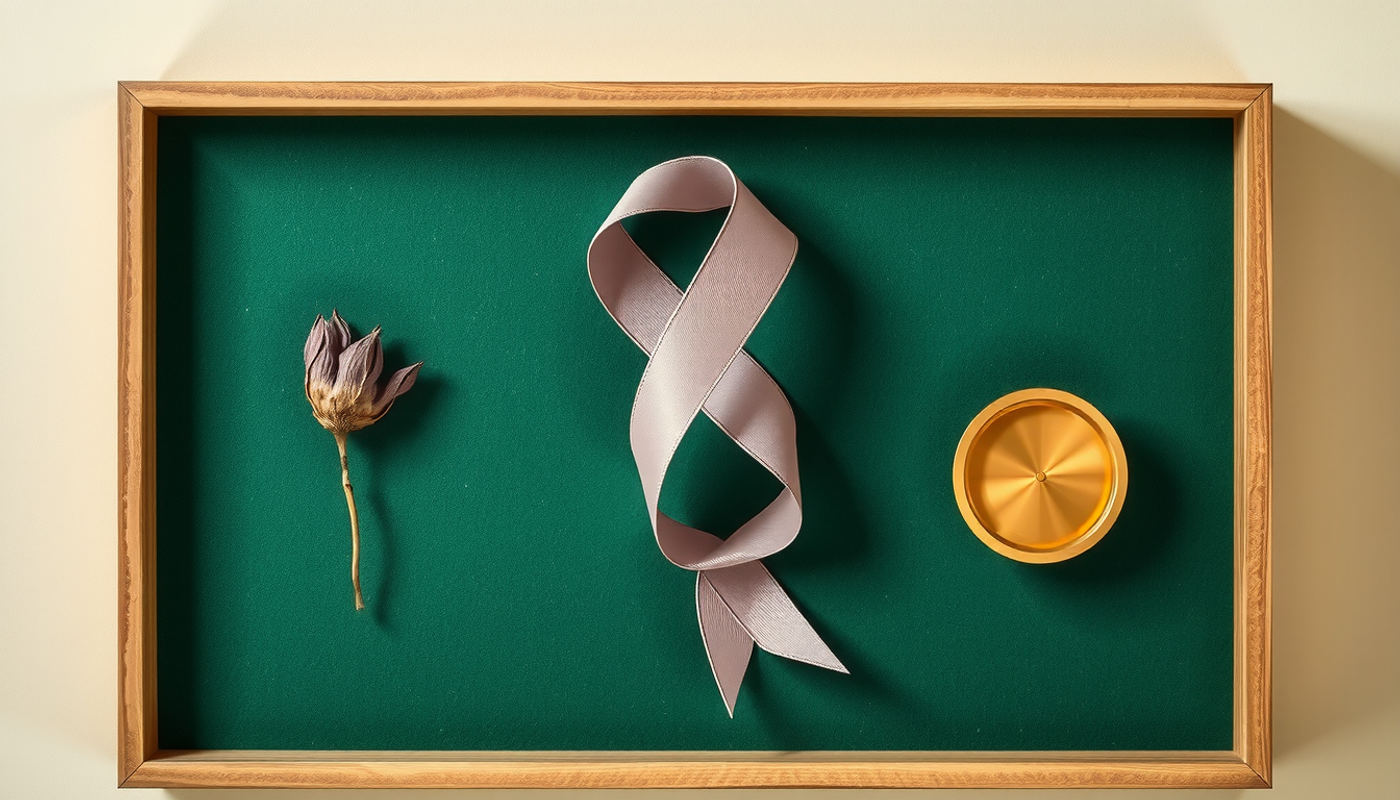 Open wooden keepsake box with pressed flower, ribbon, and brass disc.
