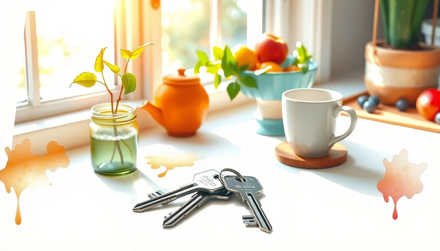 Keys on a kitchen counter with neural pathways connecting nearby objects.
