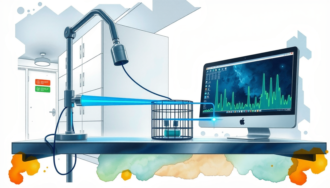 Transparent cage with fiber optics and blue laser in modern lab.