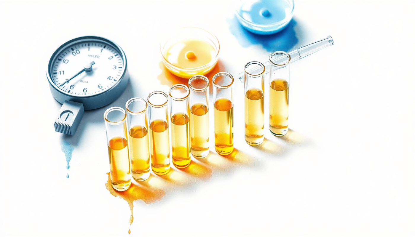 Small glass vials with pale yellow liquid on a clinical surface.