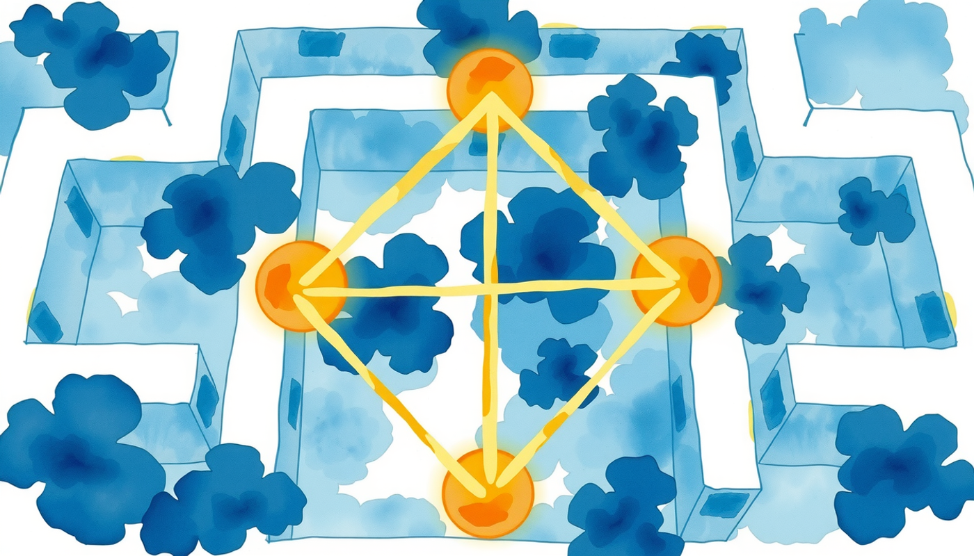 Laboratory maze with glowing neural pathways in indigo and gold.