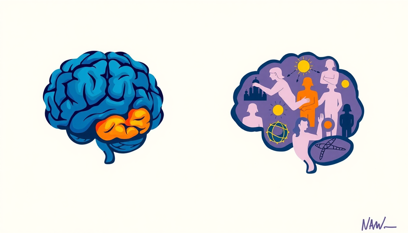 Brain with glowing language module versus socially influenced language development.
