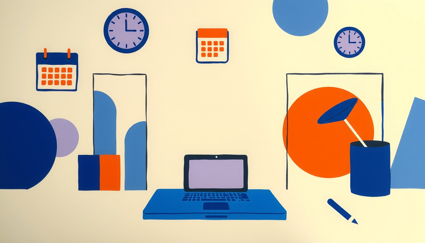 Laptop and phone on a clean desk with colorful calendar blocks.