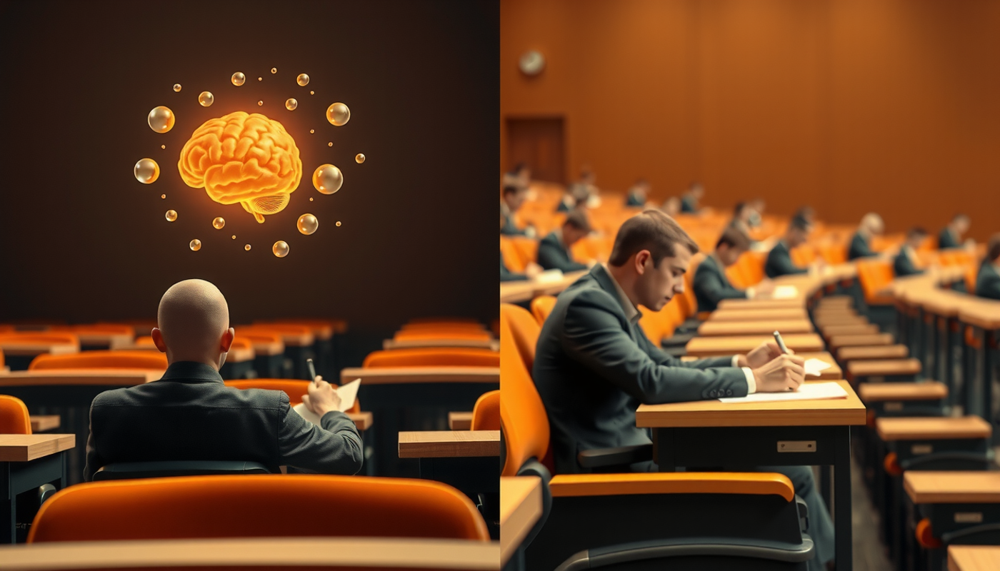 Student in lecture hall with contrasting memory bubbles representing focus levels.