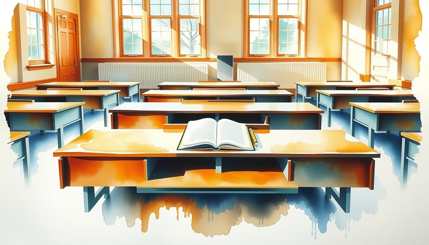 Bird's-eye view of an empty lecture hall with warm afternoon light.