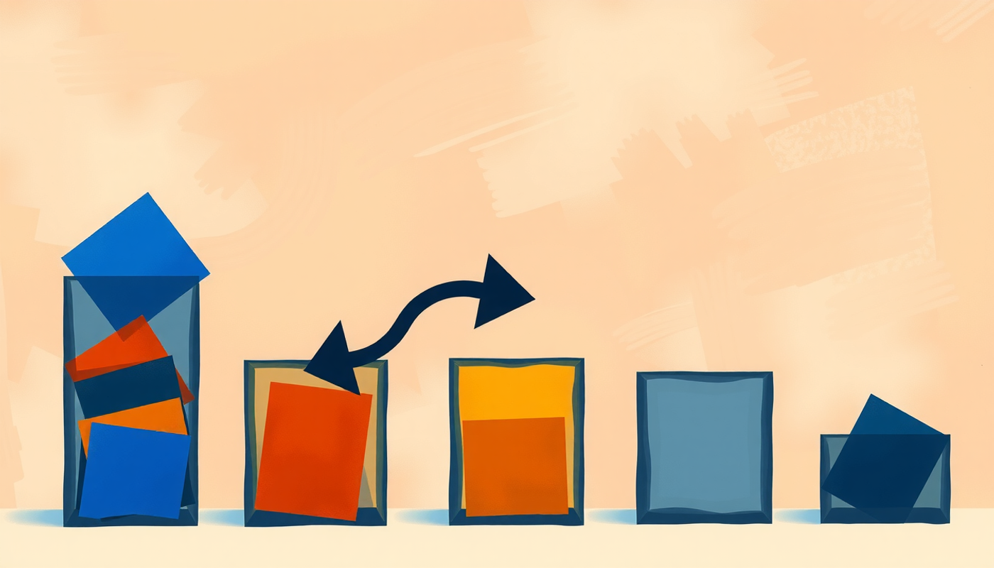 Translucent boxes with colorful cards, illustrating the Leitner system.