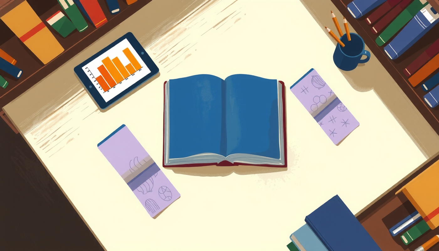 Birds-eye view of a cozy library study area with textbooks and tablet.