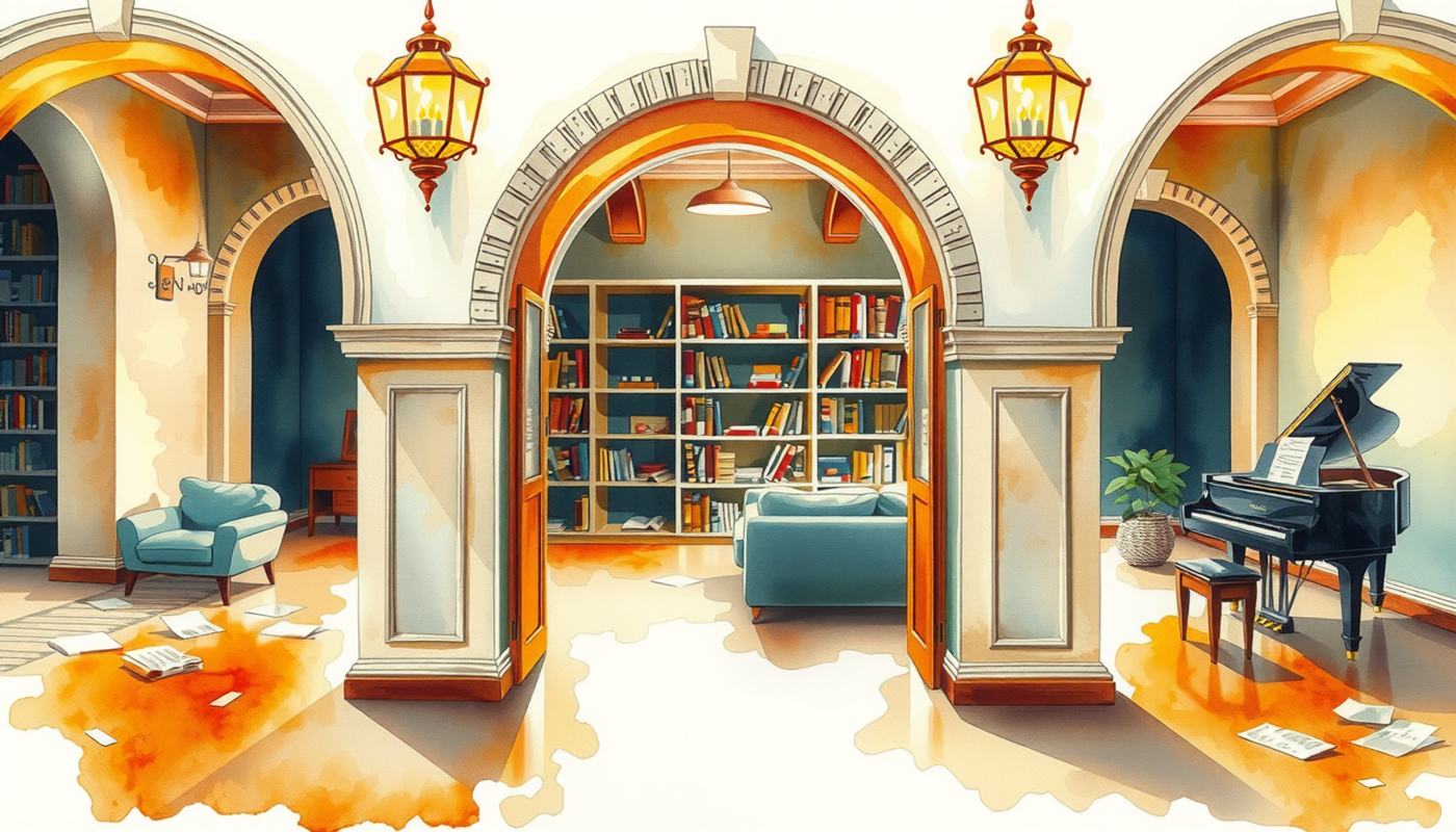 Library with archways showing organized books and scattered papers.