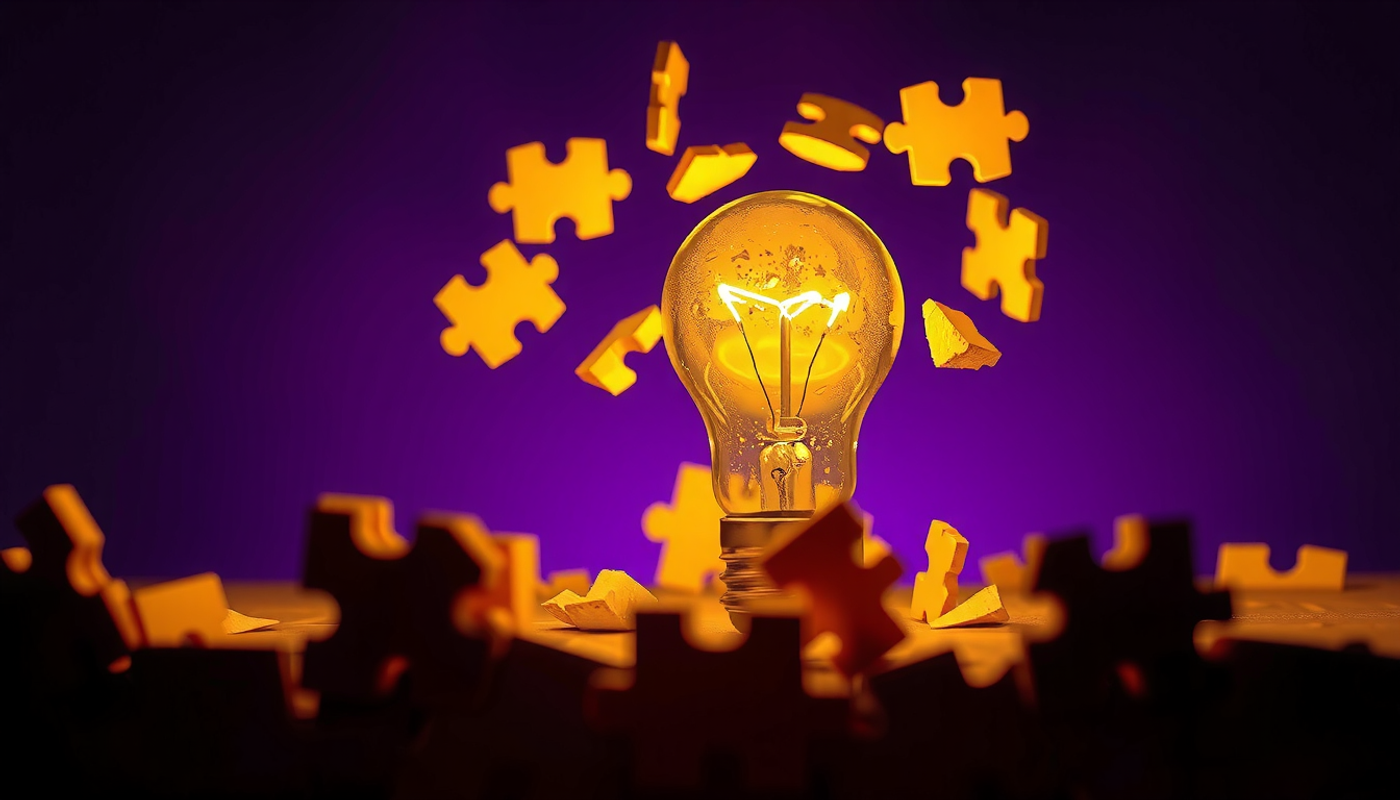 Lightbulb rising from dissolving puzzle pieces, symbolizing creative insight.