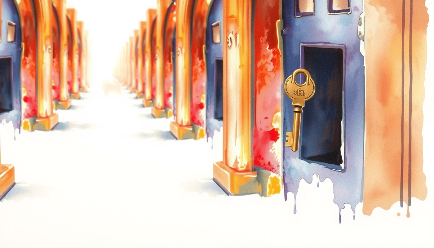 Row of colorful locked doors fading into mist with floating key.