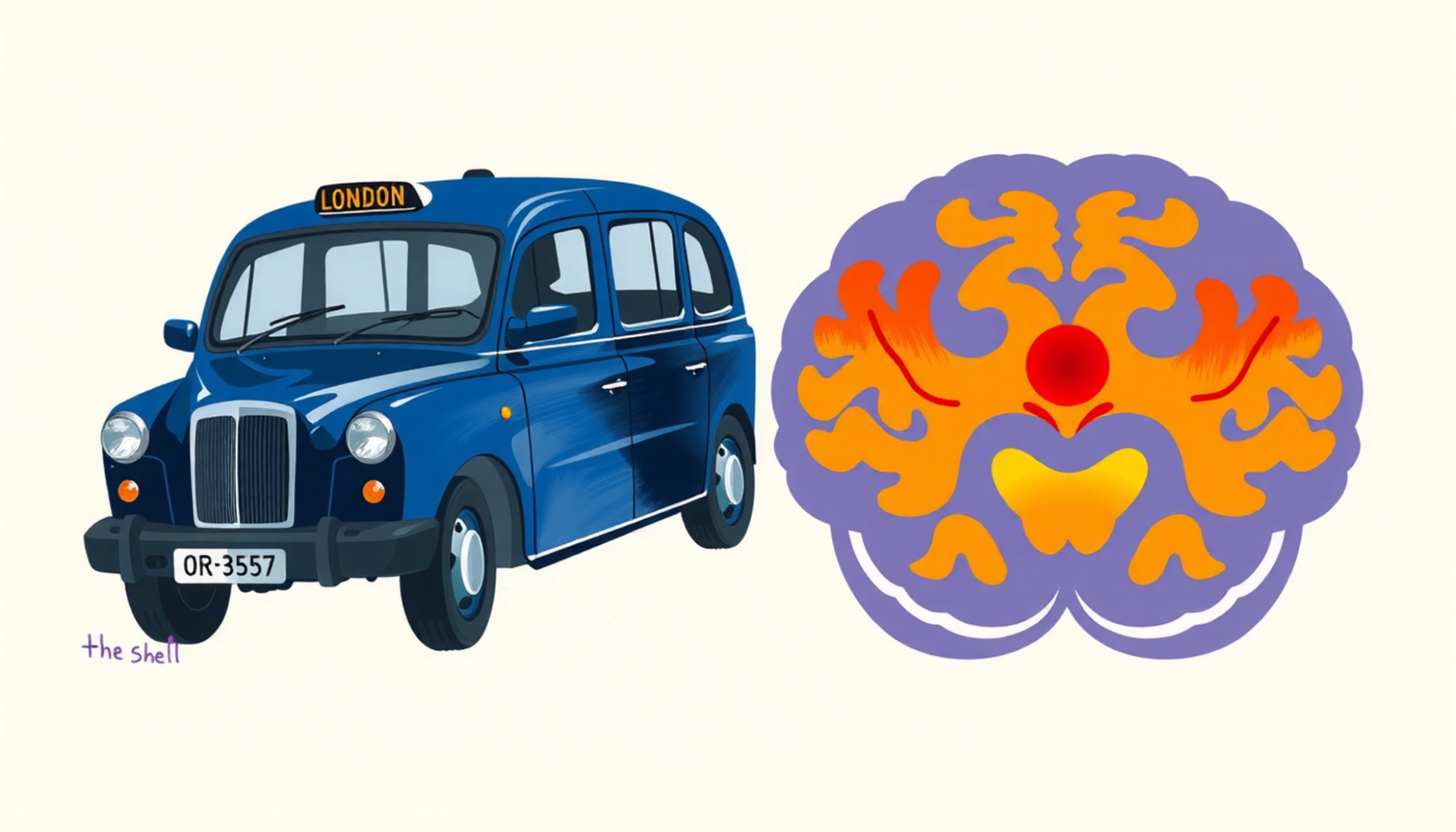 London black cab beside glowing brain scan highlighting enlarged hippocampus.