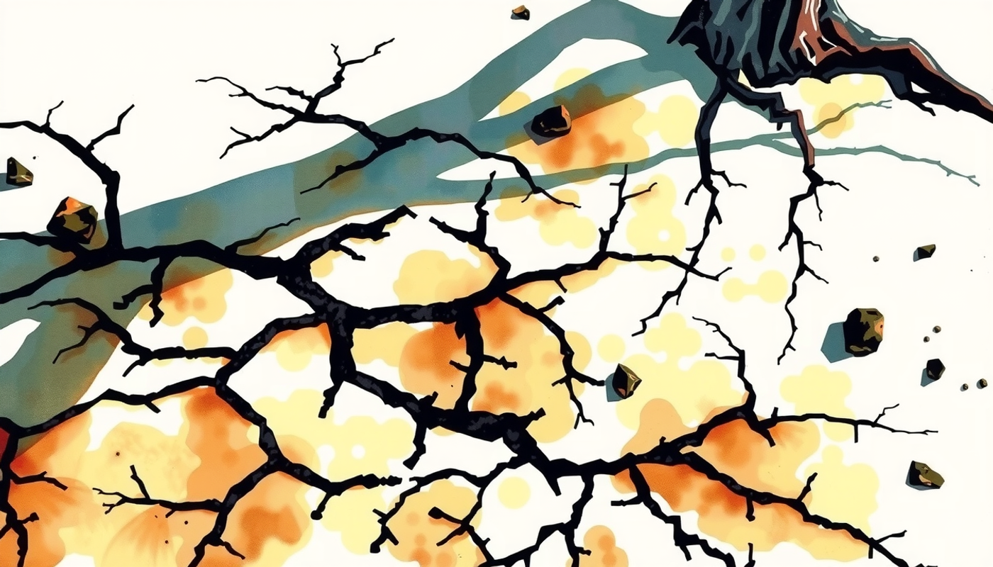 Long shadow of a leafless tree on cracked dry ground.