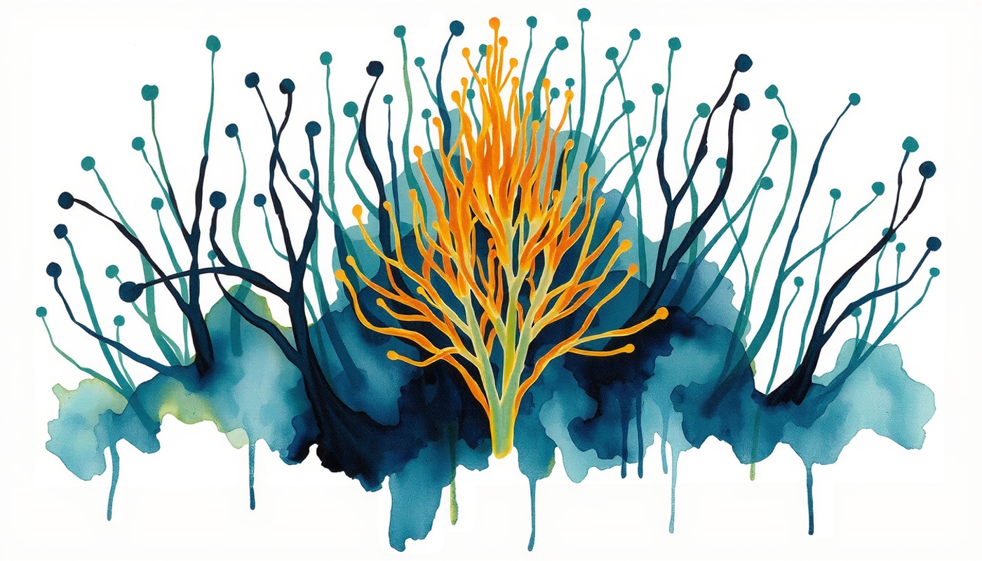 Luminous vertical filaments in a vibrant forest of growth.