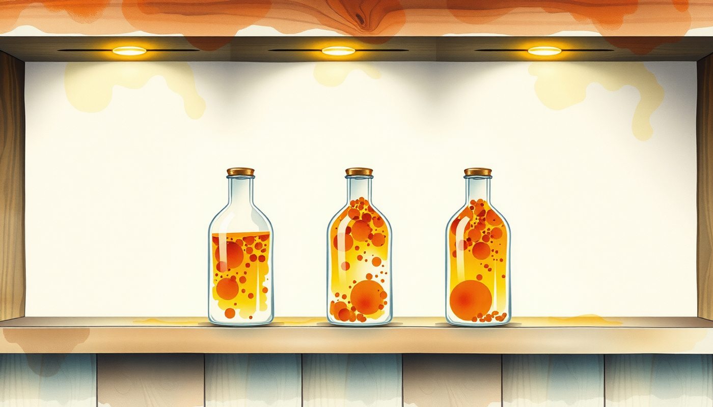 Small glass vials with luminous granules on a wooden shelf.