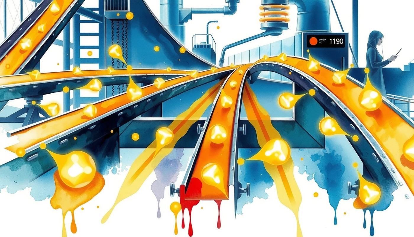 Luminous neural factory with glowing conveyor belts and dopamine bursts.
