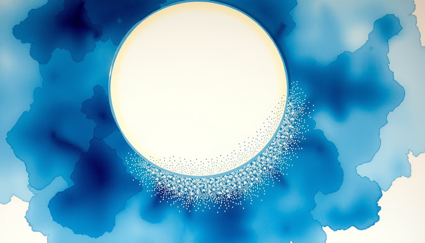 Luminous seed in dark void, surrounded by dim particles, deep space.