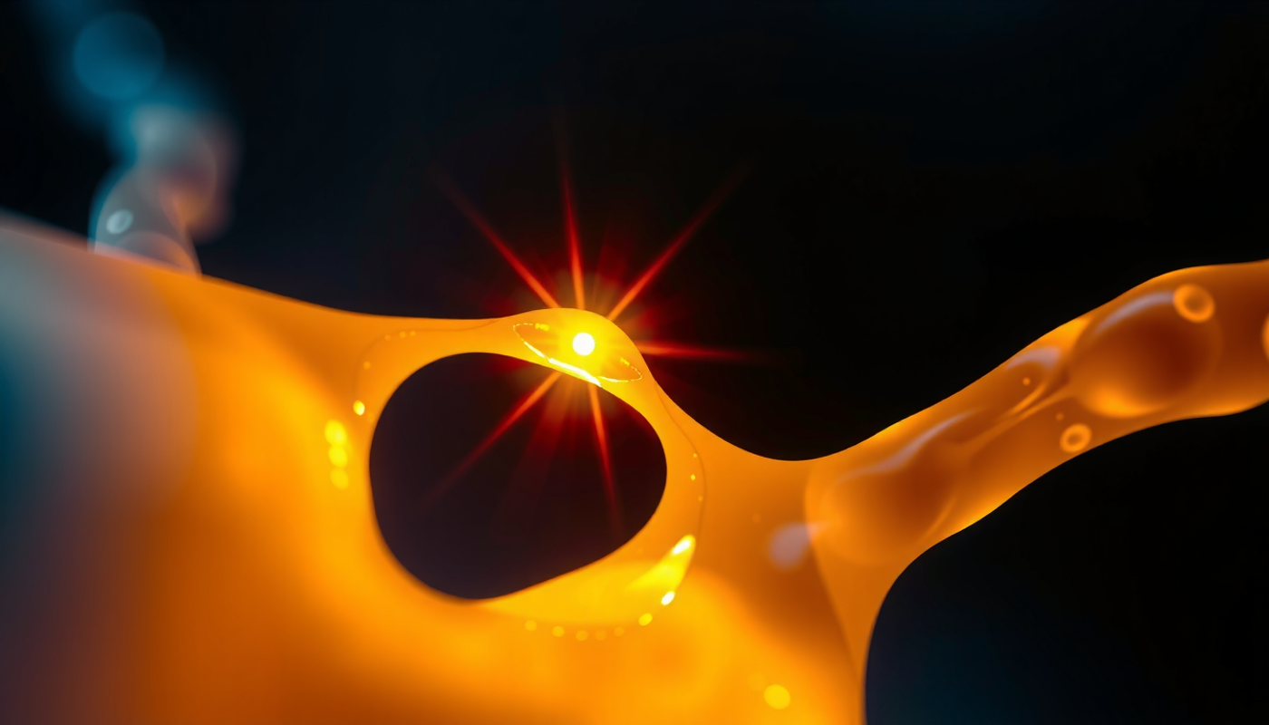 Luminous synapse with glowing calcium ions on a navy background.