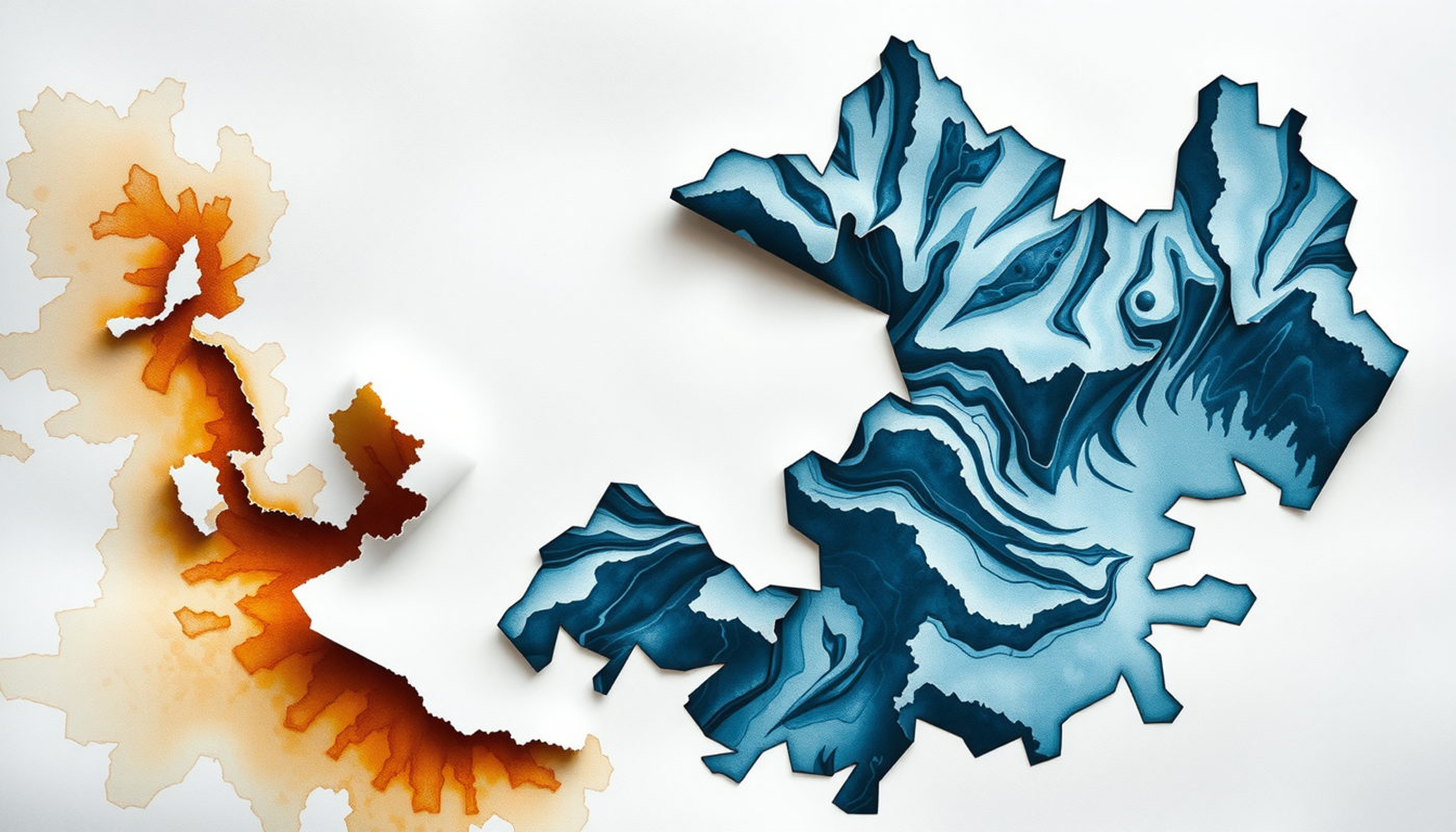 Antique topographic map with glowing blue contour lines on dark surface.