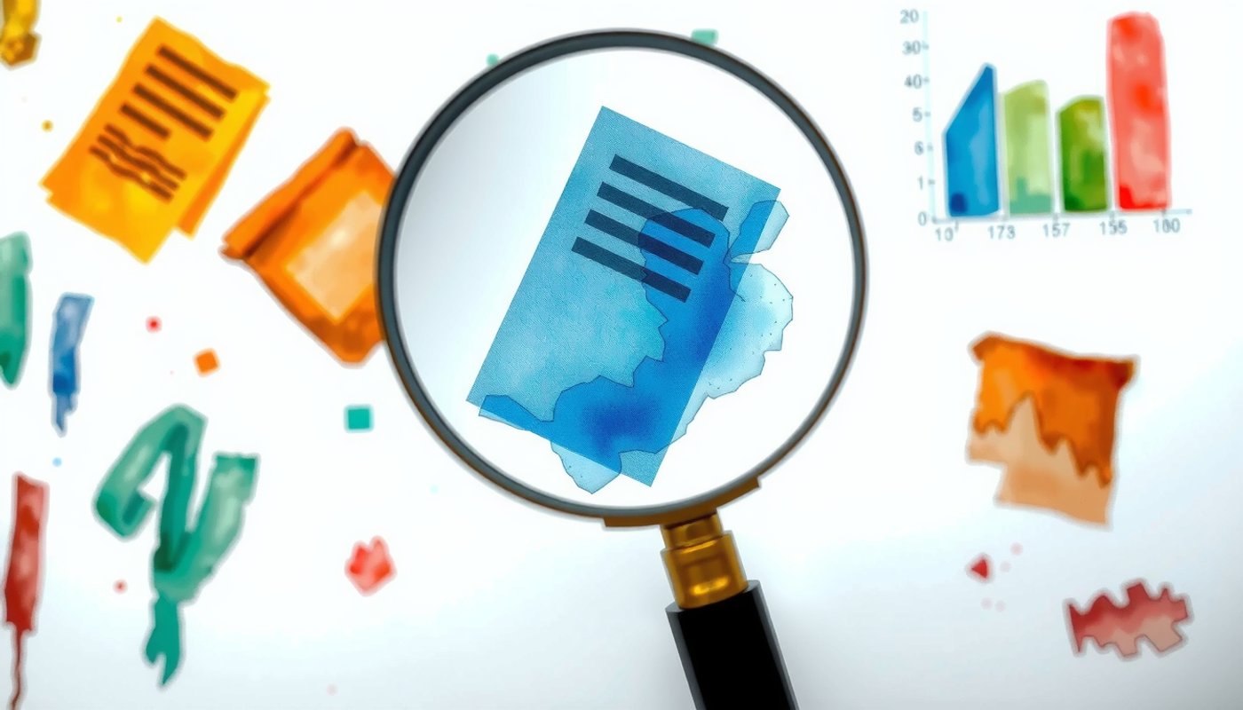 Magnifying glass over abstract documents, highlighting evidence quality in studies.