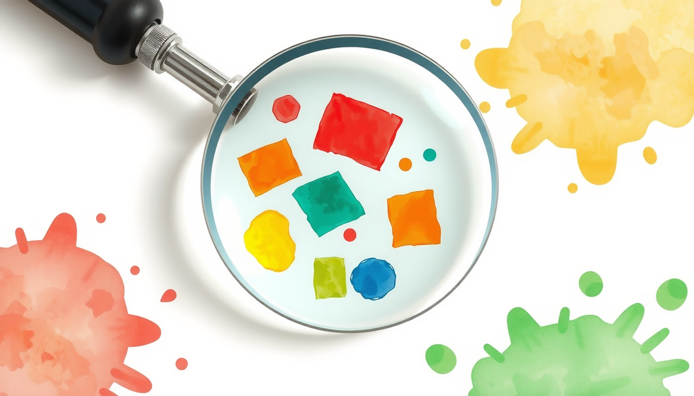 Magnifying glass on abstract shapes, contrasting clarity and ambiguity.