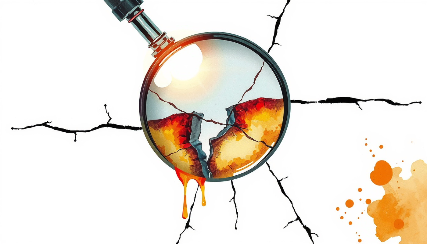 Magnifying glass revealing cracks and details in textured surface.
