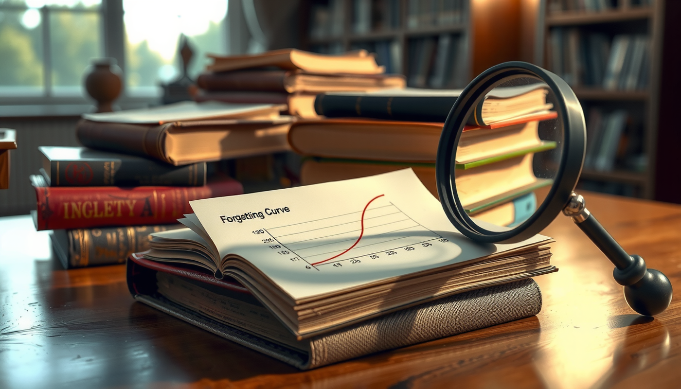 Dusty academic journals and textbooks with a magnifying glass on top.