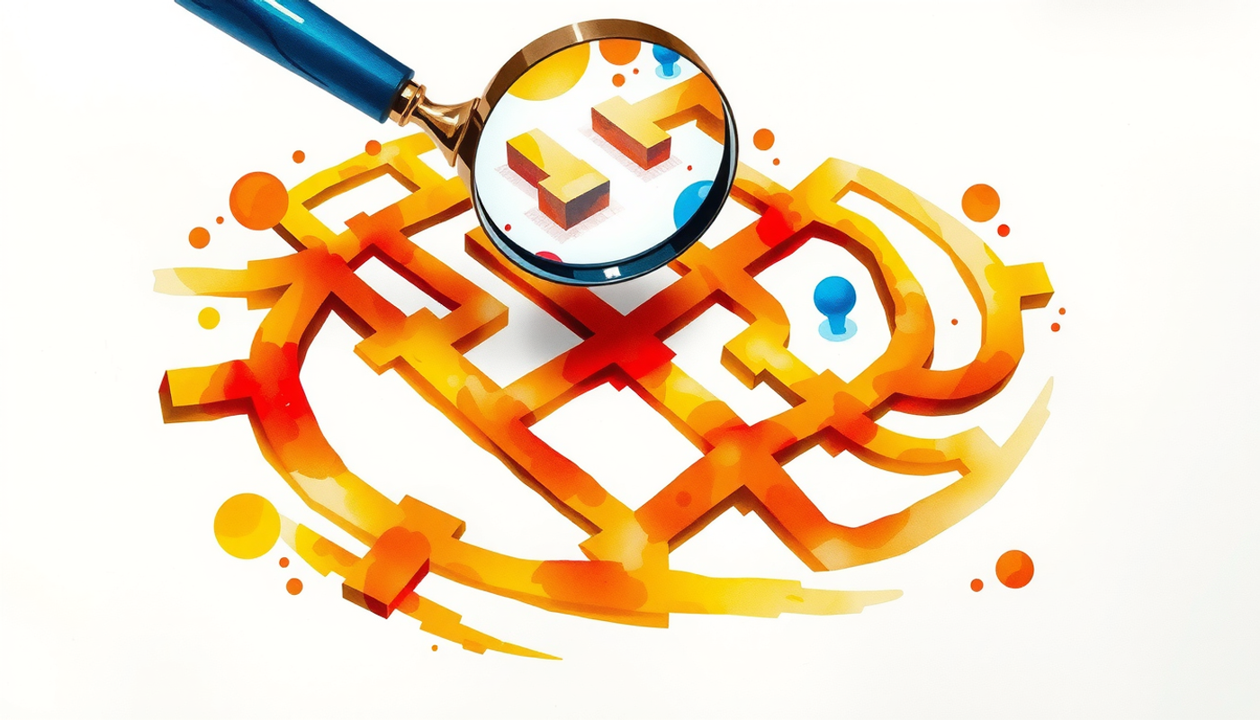 Magnifying glass over a maze highlighting correct and wrong paths.