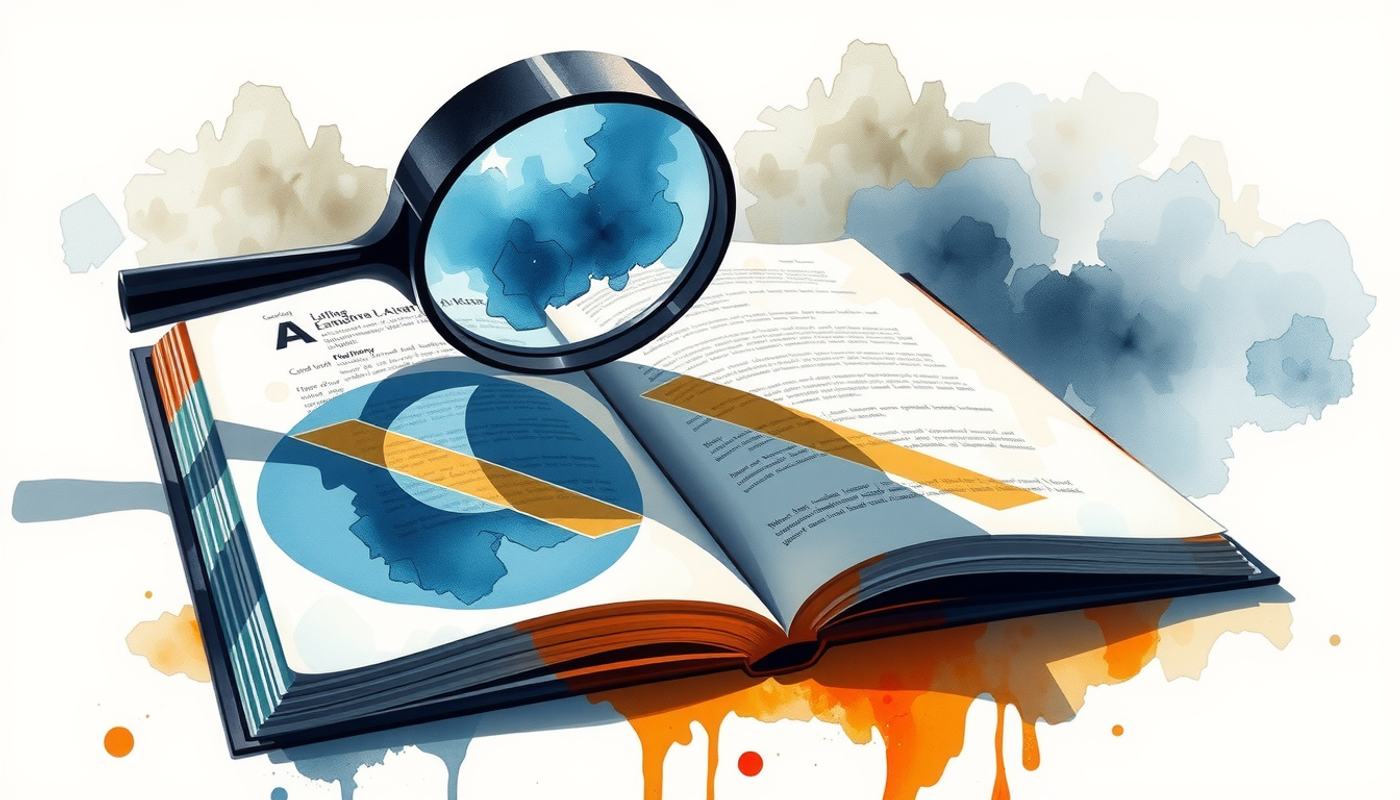 Magnifying glass on a book revealing sharp lines and abstract shapes.