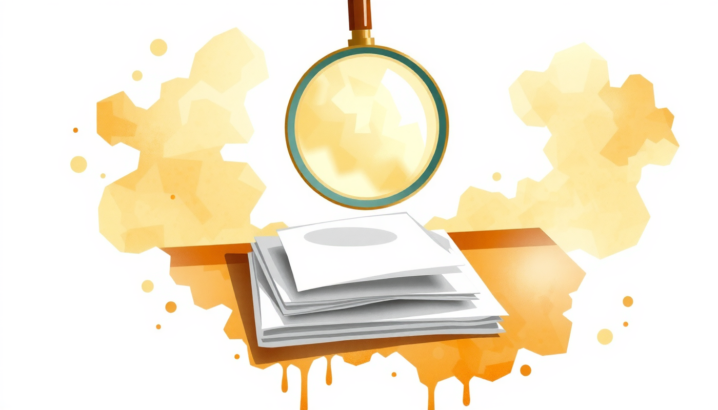 Magnifying glass over blank papers with warm lighting glow.