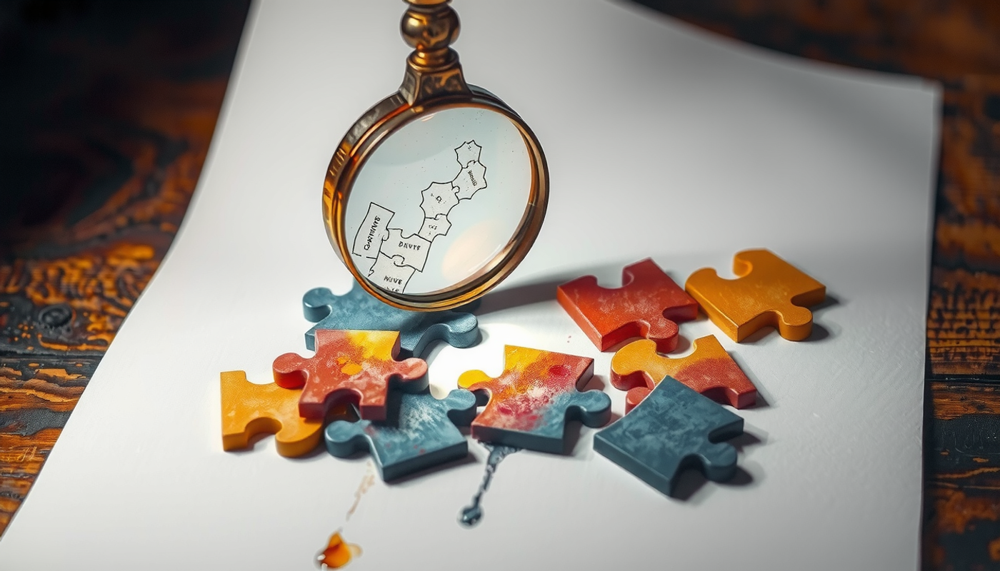 Magnifying glass over glowing and grey puzzle pieces on wood.