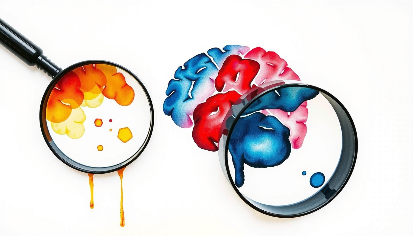 Two magnifying glasses revealing contrasting brain activity patterns.