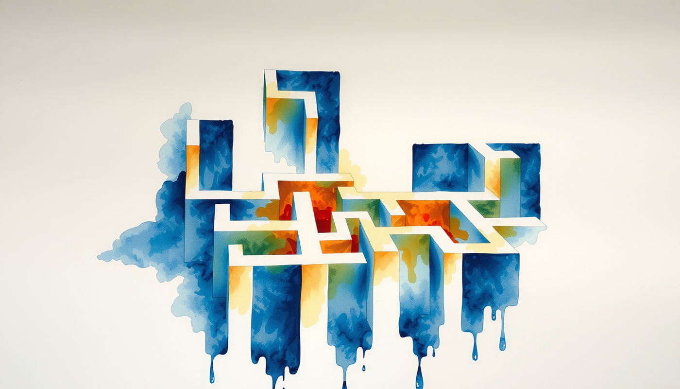 Maze with illuminated paths and fog, symbolizing known and unknown territories.