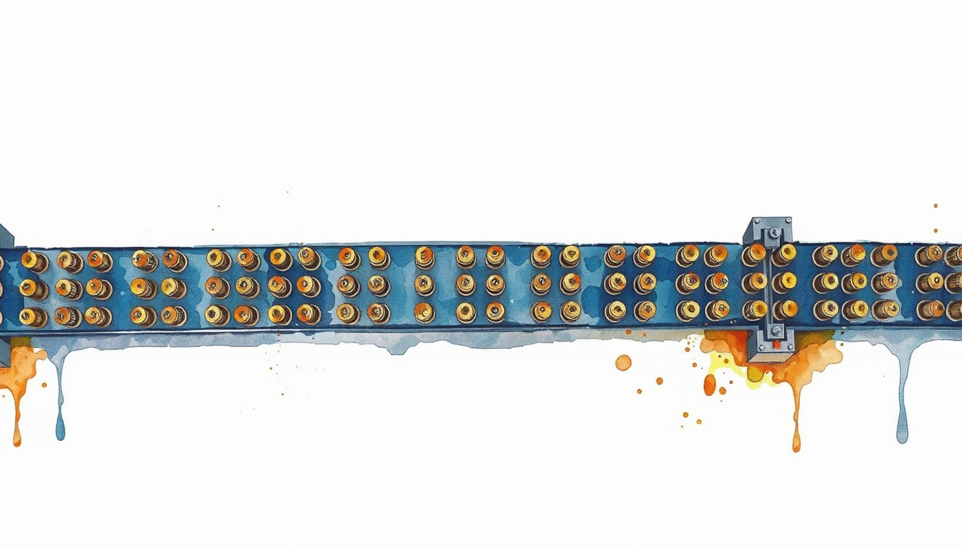 Worn rubber conveyor belt with unmarked brass components in rows.