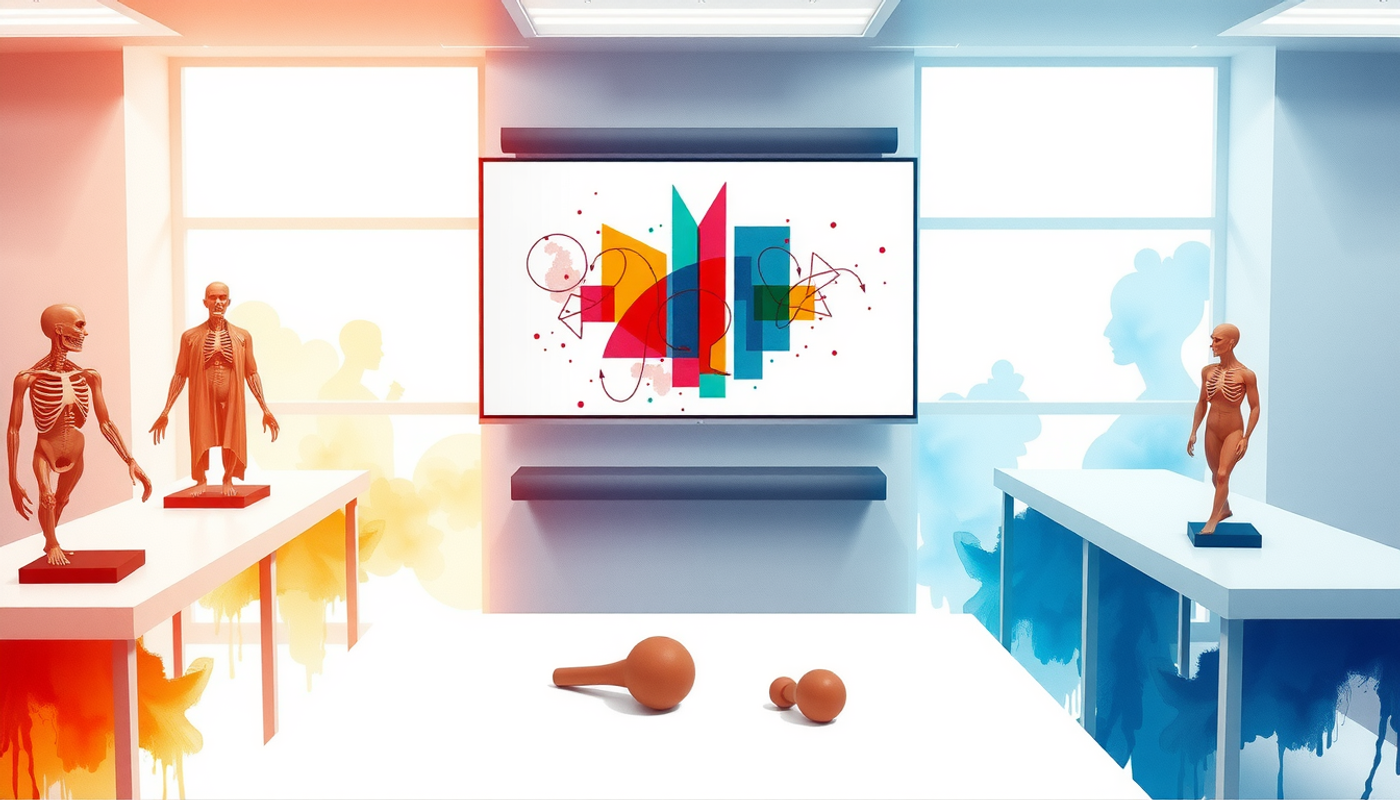 Modern medical simulation lab with anatomical models and organized equipment.