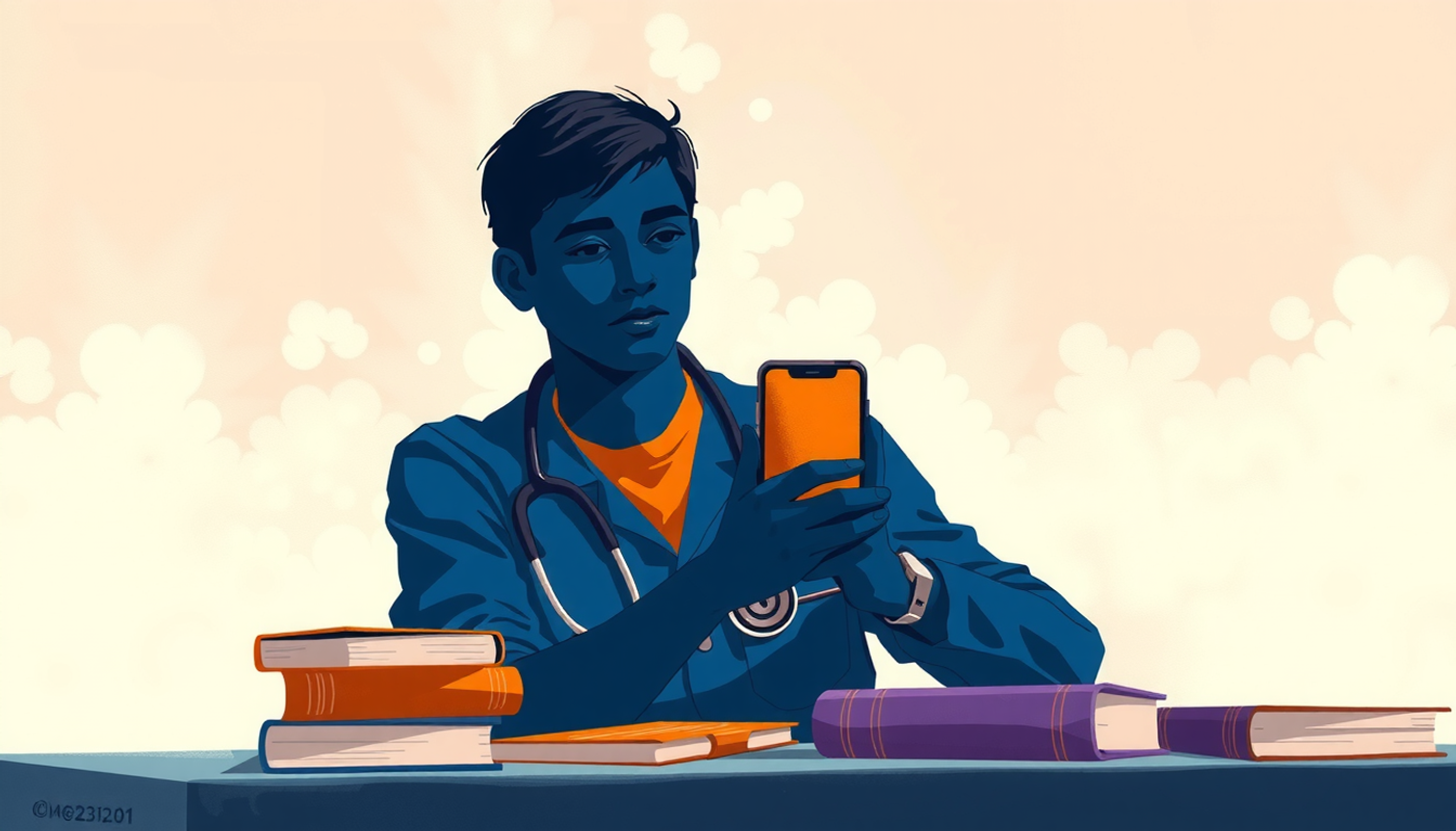 Medical student studying anatomy with flashcard app and textbooks.