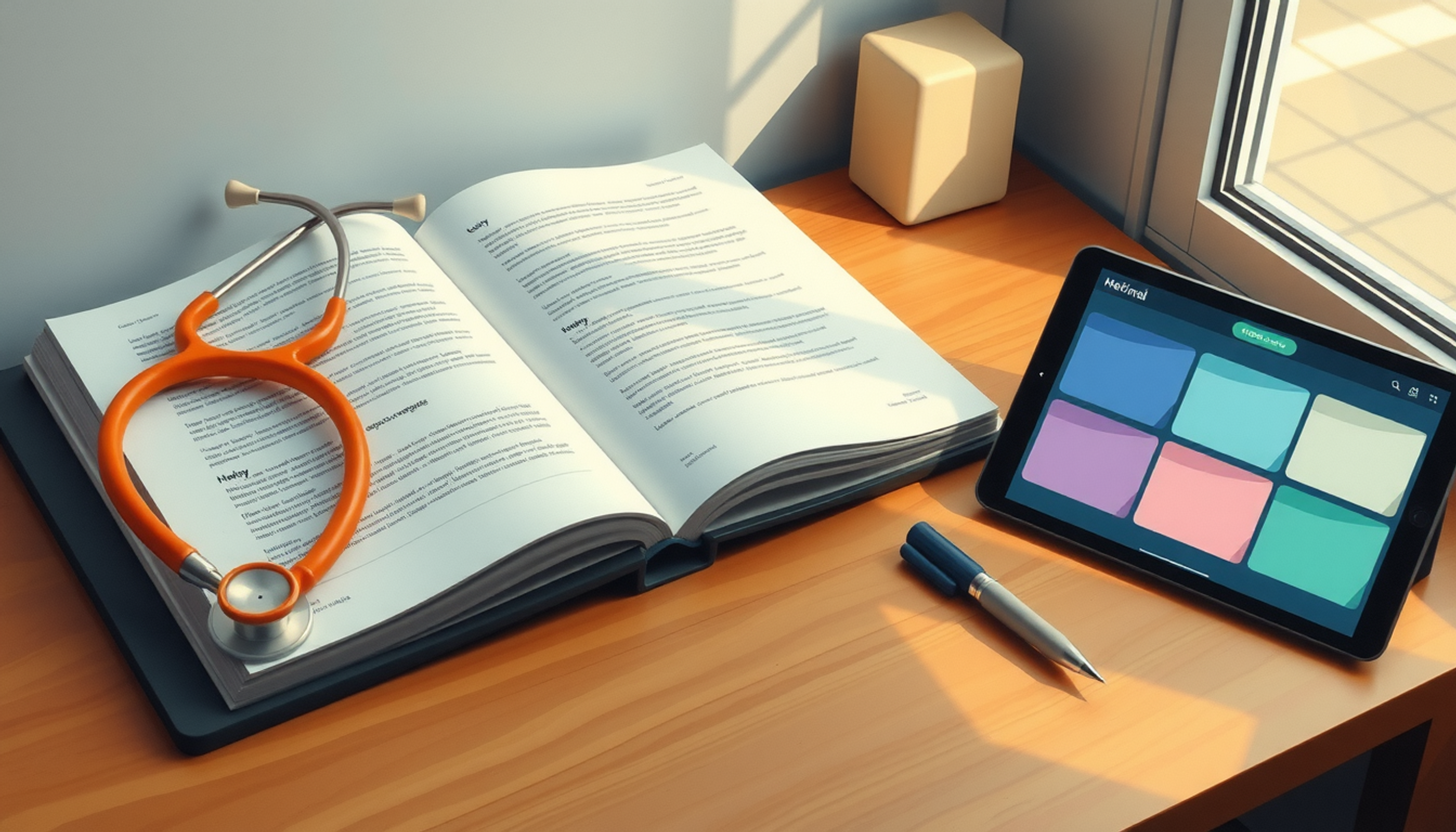 Open medical textbook on a desk with stethoscope and tablet.