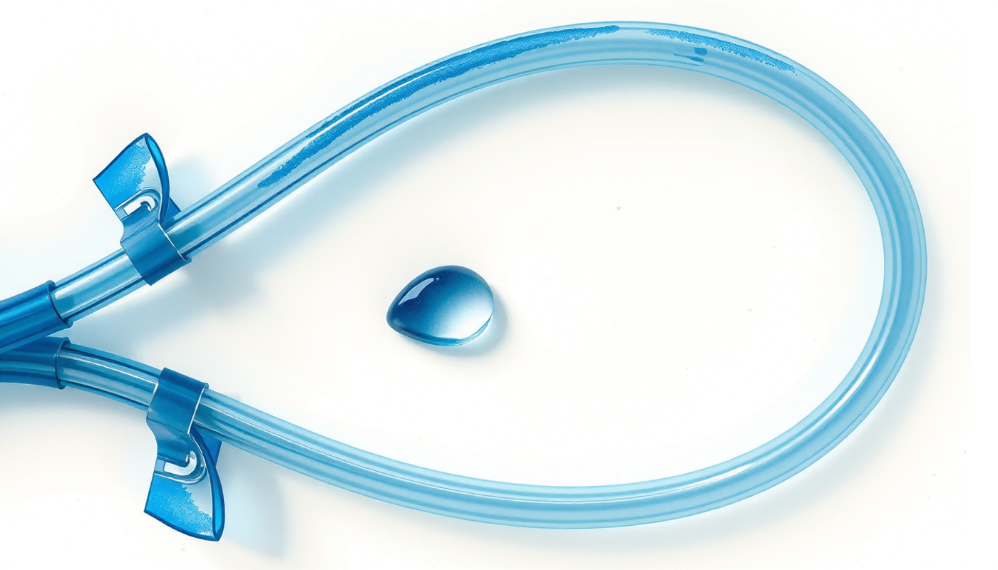 Coiled medical tubing with a droplet on a dark surface.