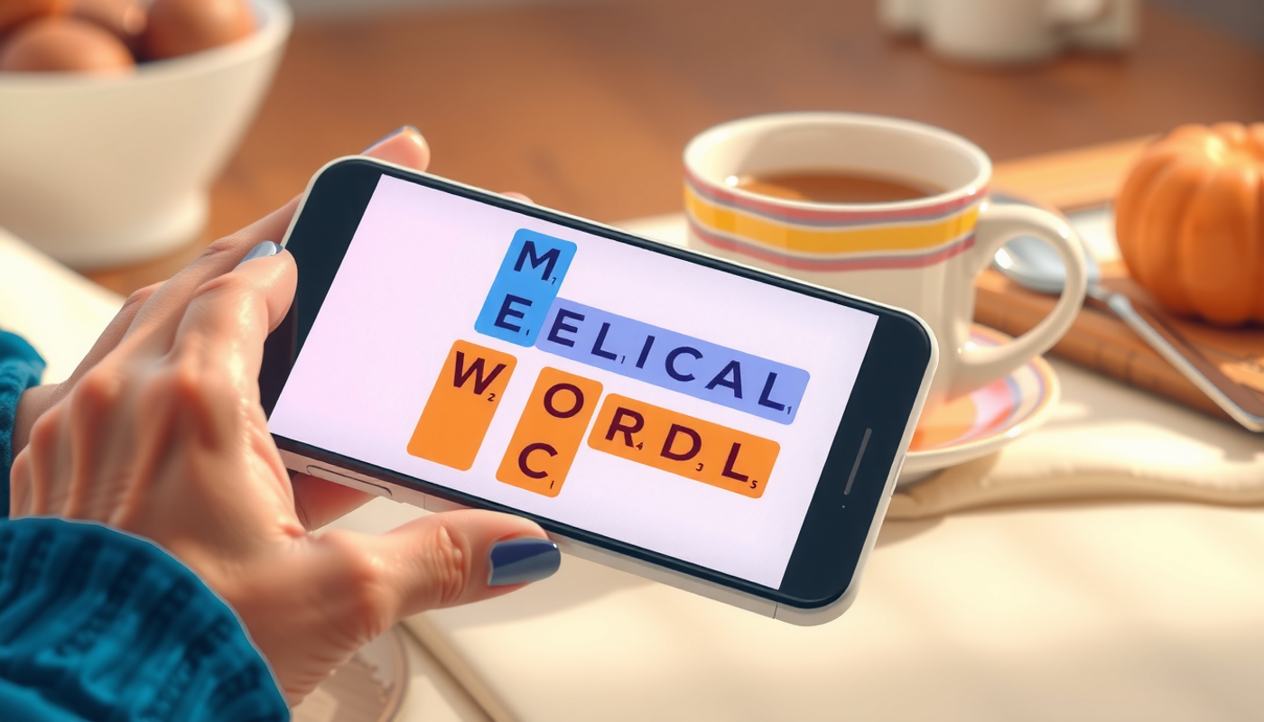 Close-up of a phone displaying a colorful medical word scramble game.