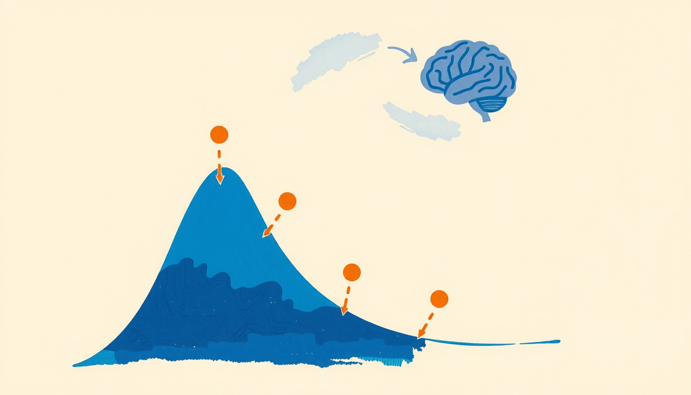 Abstract memory consolidation visualization with curved forgetting line and review points.