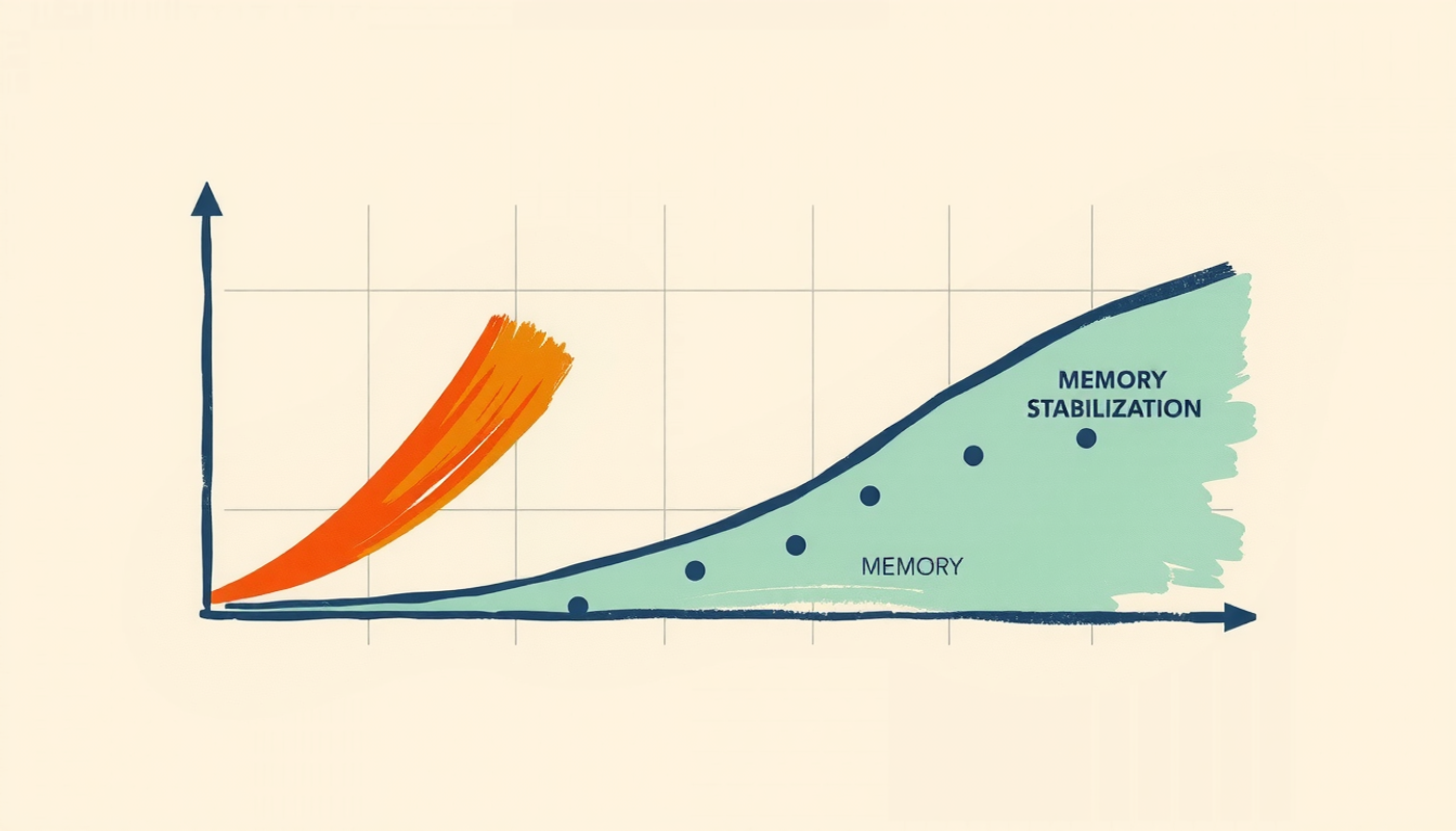 Steep red curve declining, green curve stabilizing memory over time.