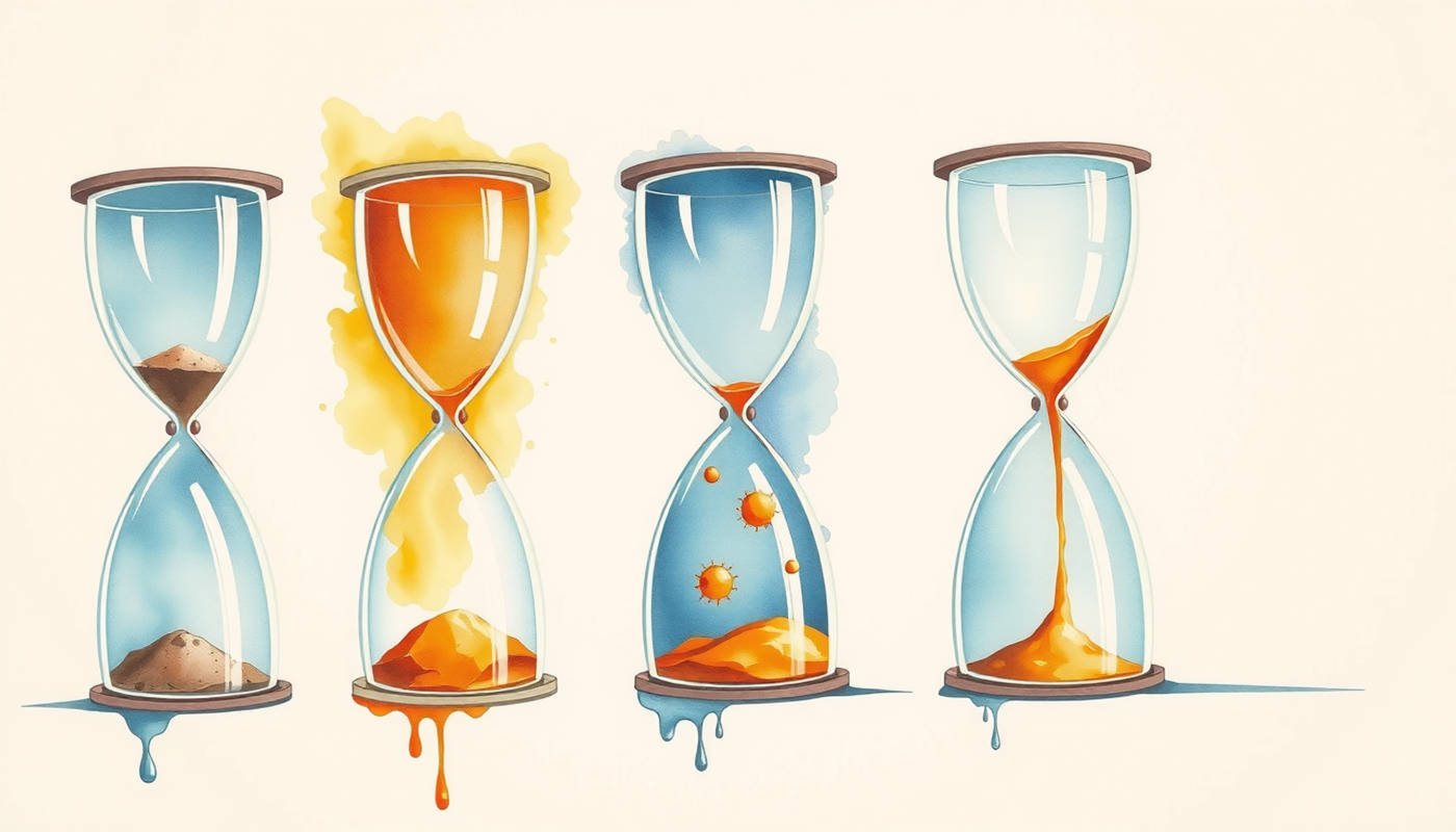 Five hourglasses depict memory decay, with glowing knowledge particles falling.