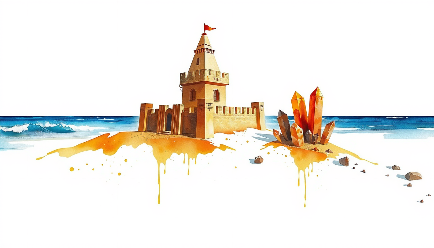 Sandcastle eroding by waves, crystalline structures growing stronger, watercolor style.