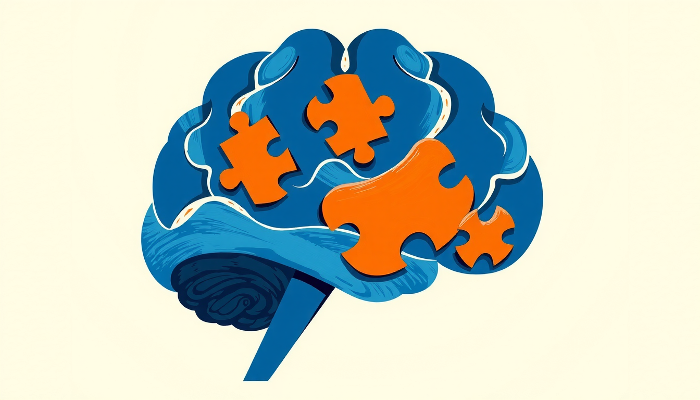 Cerebro ensamblando piezas de rompecabezas en una escena coherente.