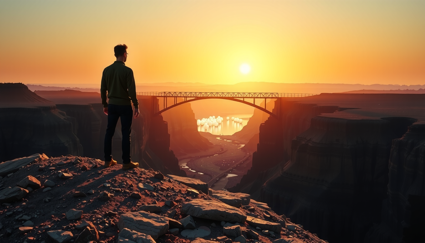 Figure on a hill reaching glowing memories across a canyon bridge.