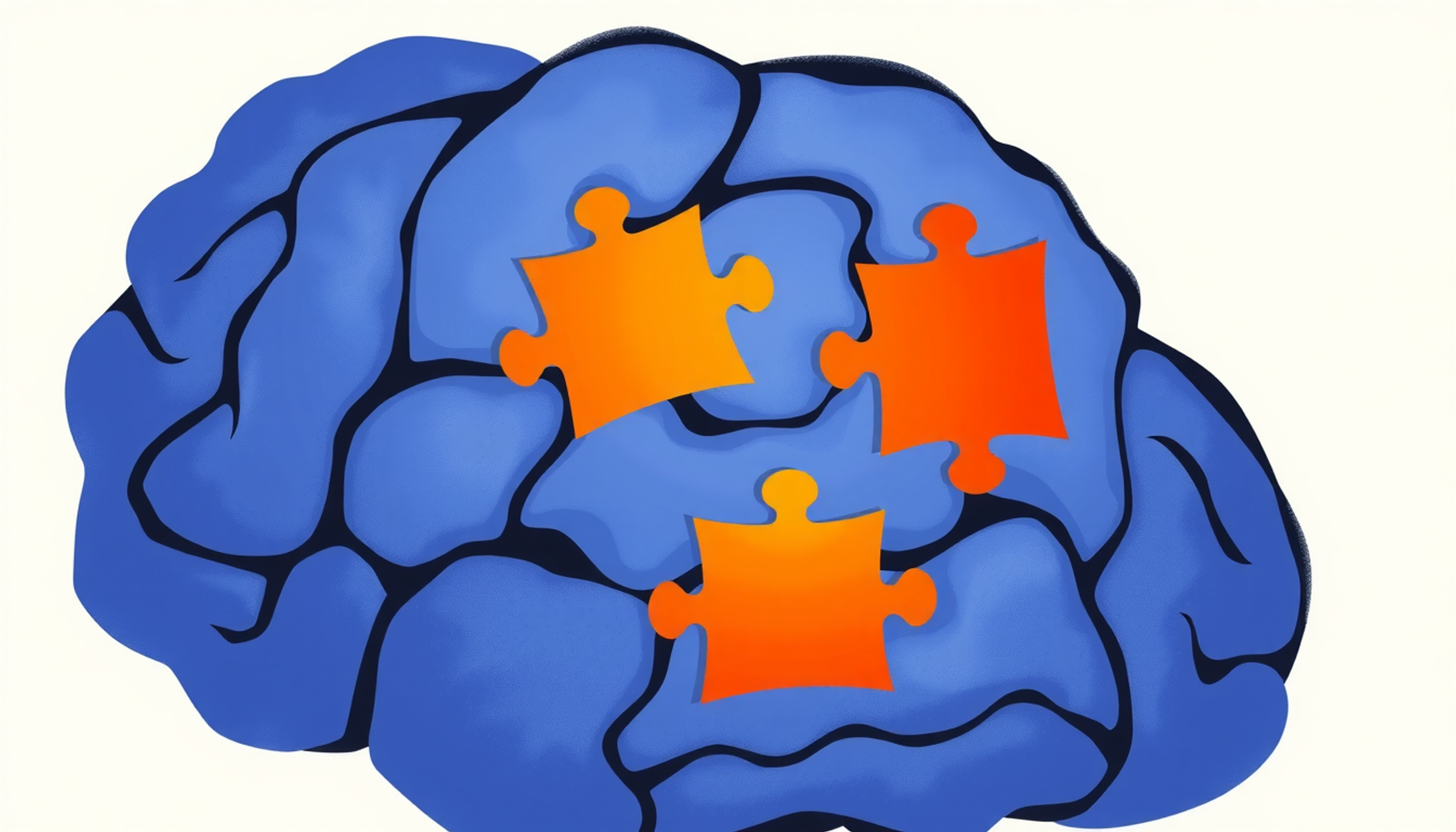 Brain assembling memories like puzzle pieces in warm colors.