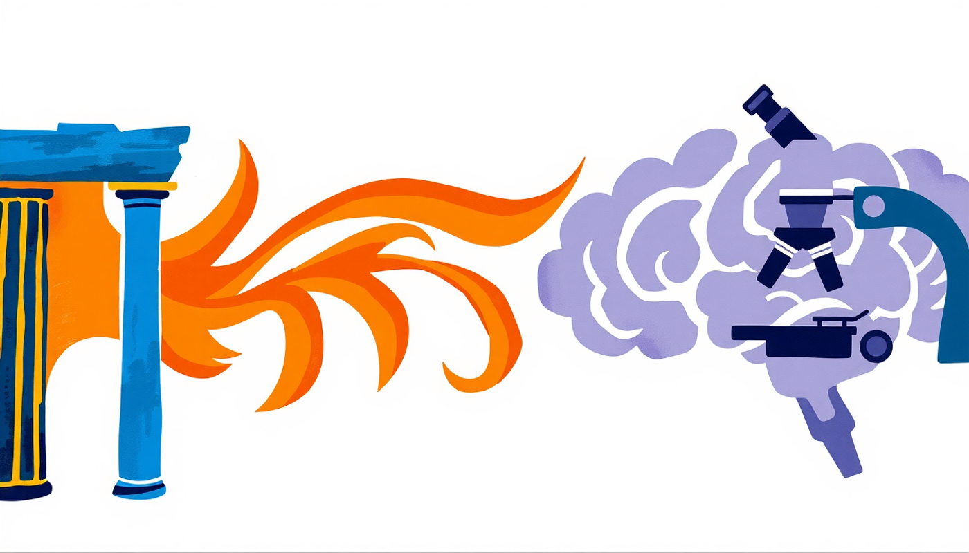 Historical timeline from Greek columns to modern psychology lab.