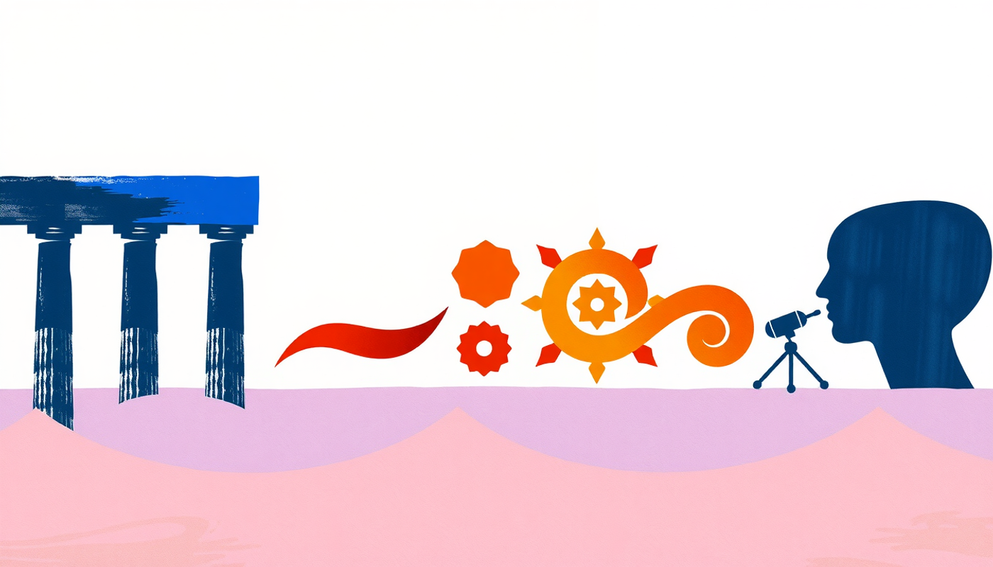 Historical timeline from Greek columns to modern psychology lab.