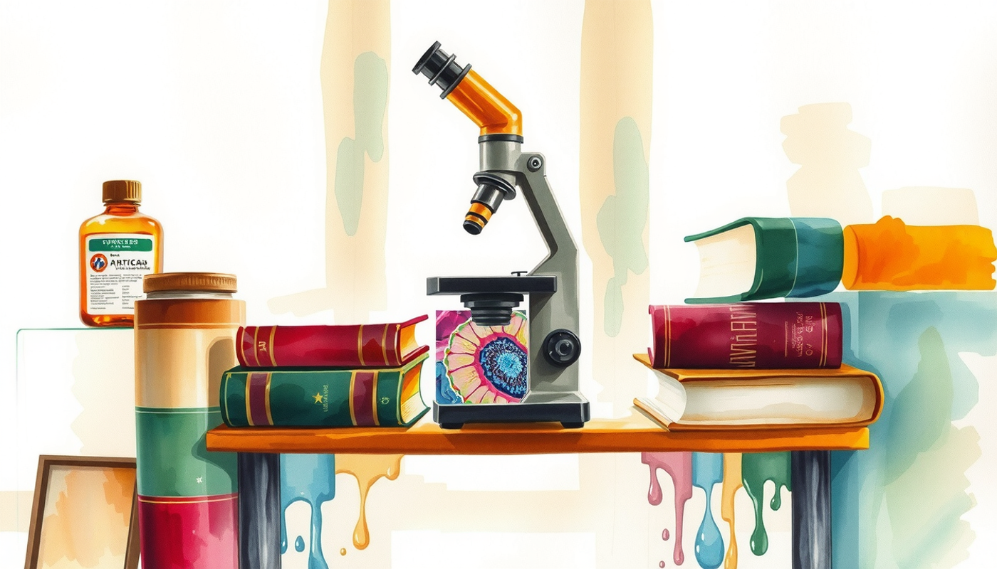Microscope on a lab bench with colorful tissue slides and anatomy books.