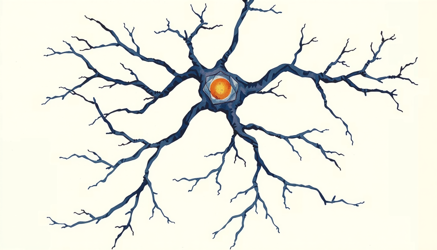 Microscopic view of a luminous indigo neuron with glowing synaptic terminals.